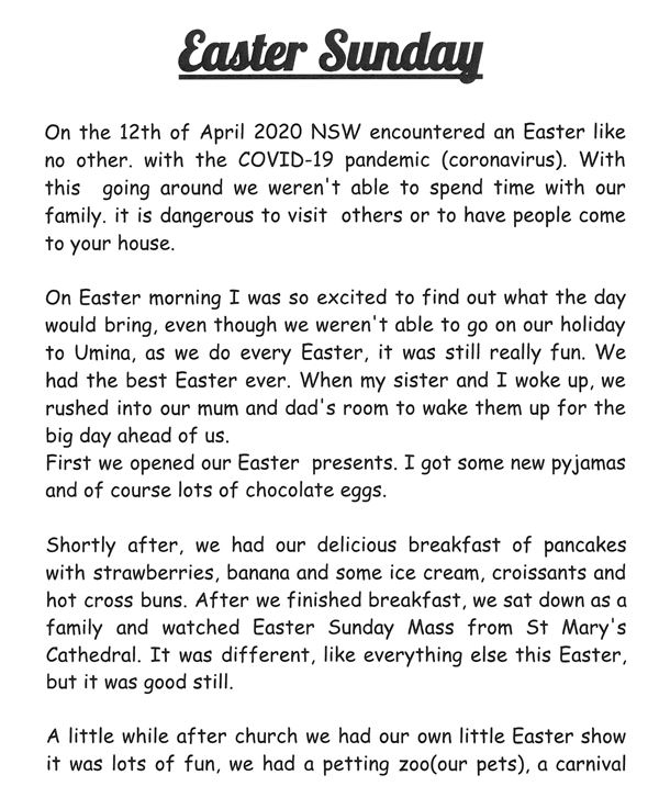 Holy Spirit Primary St Clair Catholic Education Diocese Of Parramatta 2020 Easter Writing Competition